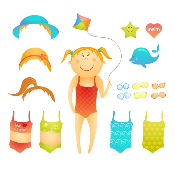 Paper doll cute beach girl in doodle style — Stock Vector