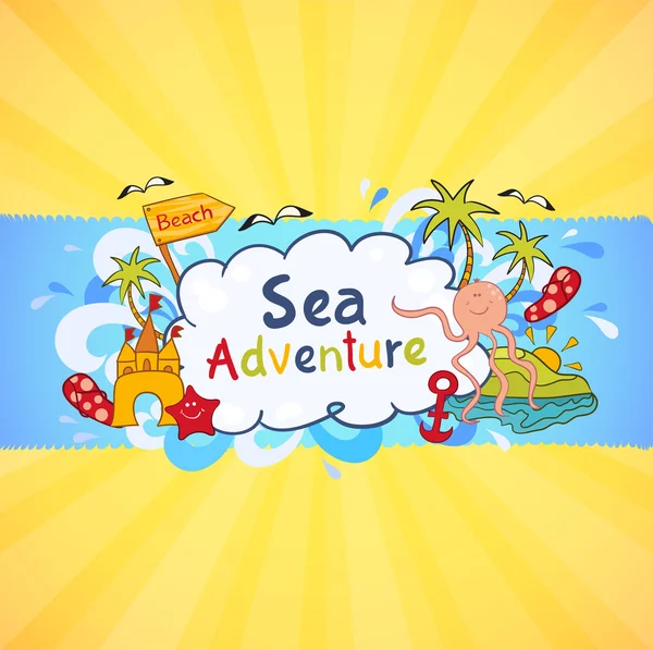 Banner de praia colorido com elementos de desenhos animados — Vetor de Stock