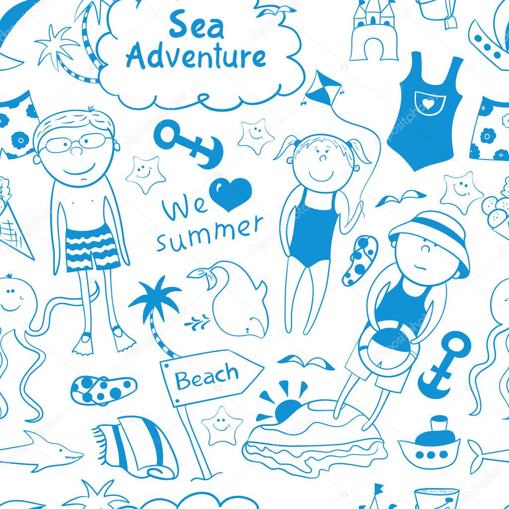 Beach seamless pattern in doodle style