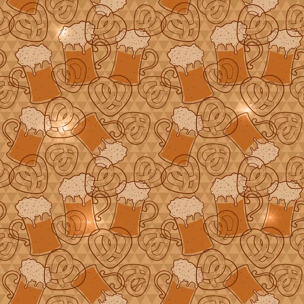 Canecas de cerveja e pretzels sem costura padrão com flashes em um fundo geométrico — Vetor de Stock