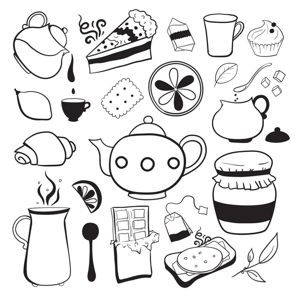 Tè e dolci vettoriale oggetti in bianco e nero — Vettoriale Stock
