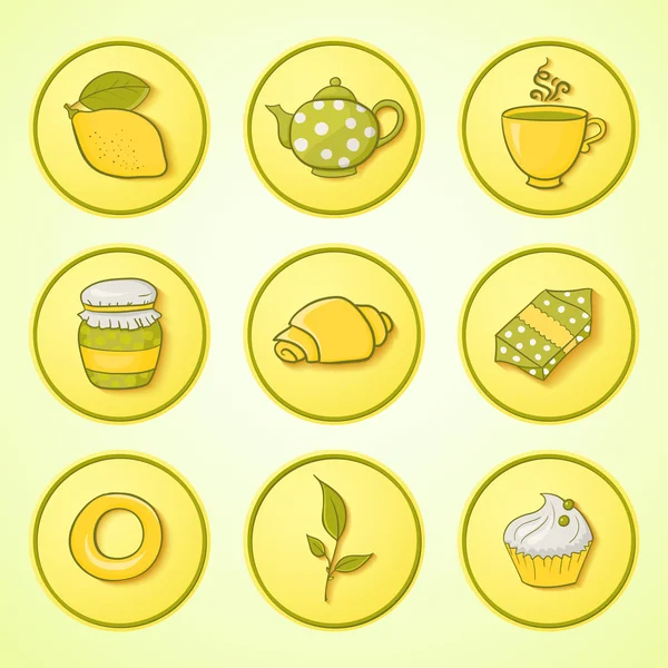 Набор чая и сладостей круглые иконы — стоковый вектор