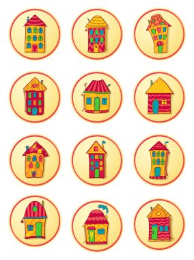 cute karikatür tarzı evleriyle yuvarlak simgeler