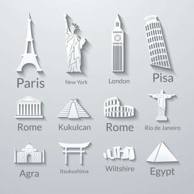Dünya tarihi yerler, kağıt Icons set