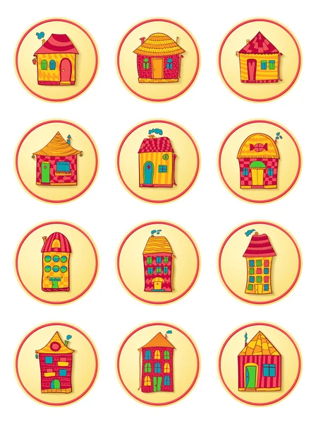 Icone rotonde con graziose case in stile cartone animato — Vettoriale Stock
