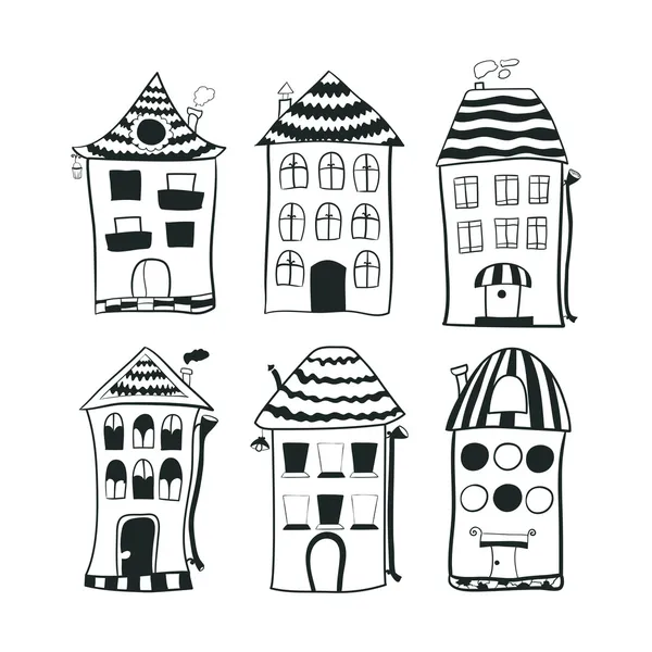 Conjunto boceto blanco y negro contorno casas en estilo de dibujos animados — Vector de stock