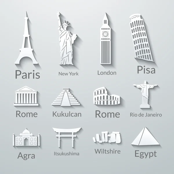 Monumentos mundiales, conjunto de iconos de papel — Vector de stock