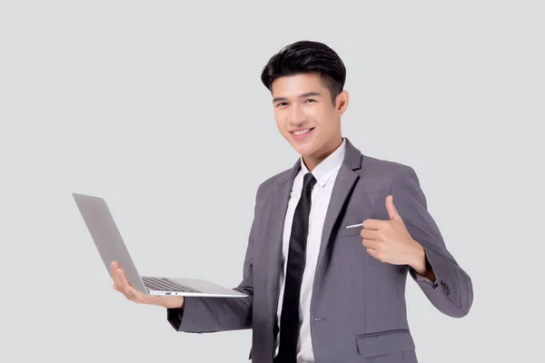 Jovem Asiático Homem Negócios Trabalho Computador Portátil Para Internet Line — Fotografia de Stock