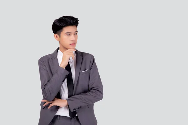 Портрет Молодого Азіатського Бізнесмена Костюмі Розумного Мислення Ідея Ізольована Білому — стокове фото