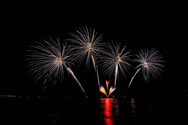 Many Flashing Colorful Fireworks Event Amazing Black Background Celebrate New — Stock Photo, Image