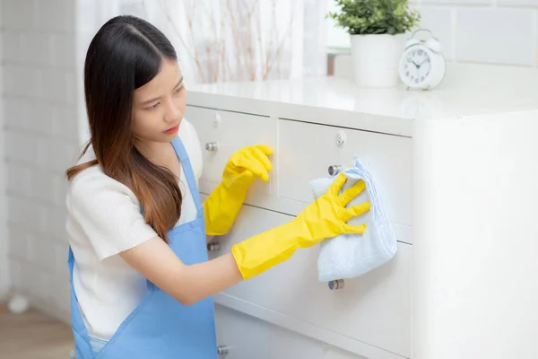 Young Asian Woman Gloves Cleaning Home Room Housekeeper Wipe Fabric — Stock Photo, Image
