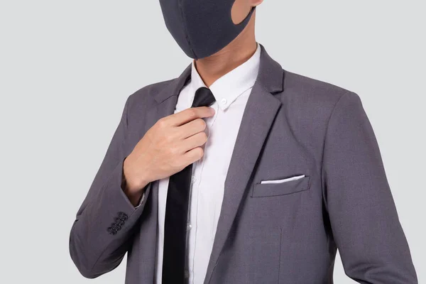 Close Jonge Aziatische Zakenman Pak Met Gezichtsmasker Voor Beschermende Covid — Stockfoto