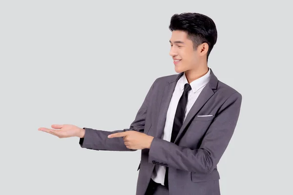 Portrait Young Asian Business Man Suit Presenting Isolated White Background — Stock Photo, Image