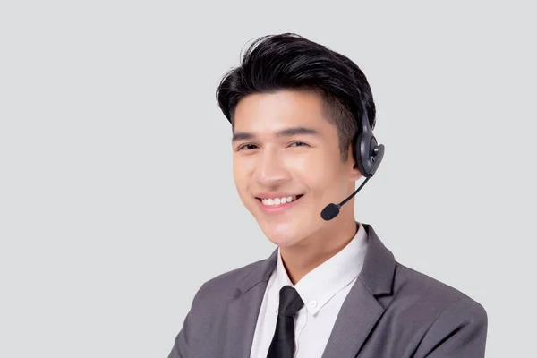 Πορτρέτο Νεαρός Ασιάτης Επιχειρηματίας Τηλεφωνικό Κέντρο Φορώντας Ακουστικά Που Απομονώνονται — Φωτογραφία Αρχείου