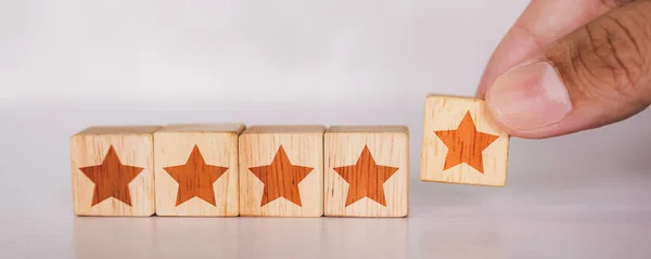 Hands Customer Holding Cube Wooden Block Five Star Vote Rating — Stock Photo, Image