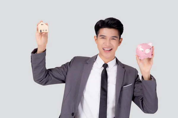 Fiatal Ázsiai Üzletember Tartja Otthon Malacka Bank Tervezése Megtakarítás Jövő — Stock Fotó
