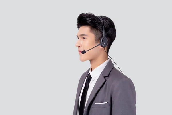 Portré Fiatal Ázsiai Üzletember Call Center Visel Headset Elszigetelt Fehér — Stock Fotó