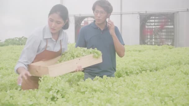Jonge Aziatische Klant Gesprek Telefoon Vrouw Plukken Van Groenten Mand — Stockvideo