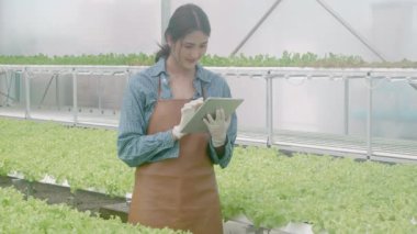 Genç Asyalı kadın kontrol ve denetleme sistemi yenilikleri için tablet kullanıyor. Hidroponik sebze çiftliği, tarım ve seradaki besin gıdalarını inceleyen girişimci, bir kişi..