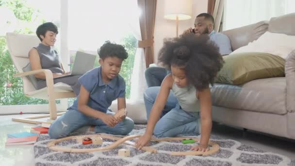 Happy African Family Father Mother Working Children Doing Activity Playing — Video