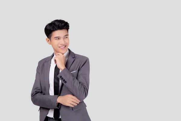 Porträtt Ung Asiatisk Affärsman Kostym Med Smart Tänkande Idé Isolerad — Stockfoto