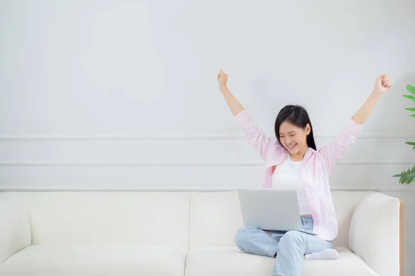 Happiness Young Asian Woman Sitting Sofa Working Laptop Computer While — Foto de Stock