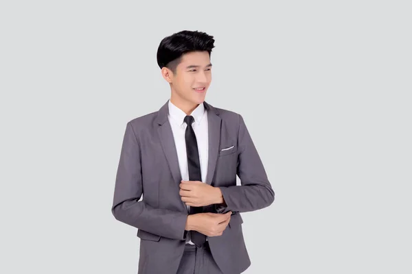 Porträtt Ung Asiatisk Affärsman Kostym Ler Med Självsäker Och Vänlig — Stockfoto