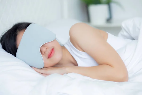 Beautiful Young Asian Woman Wearing Cover Eye Sleeping Bed Head — Stock Photo, Image