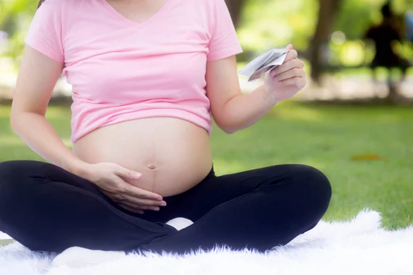 Closeup Happiness Young Asian Woman Pregnant Sitting Touch Belly Looking —  Fotos de Stock