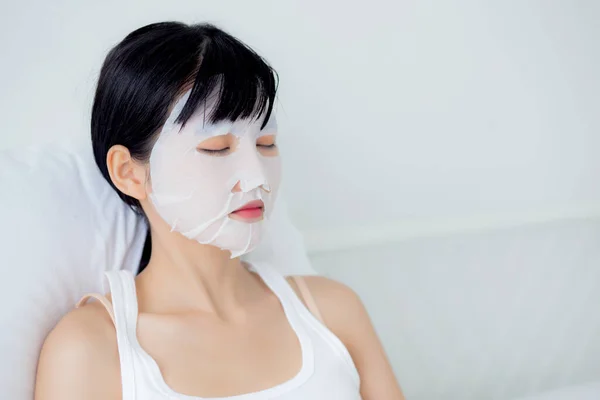 Beautiful Young Asian Woman Sheet Facial Mask Sleep Bed Bedroom — Stock Photo, Image