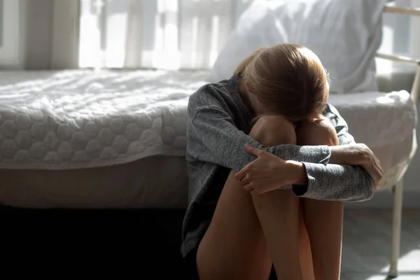 Young Caucasian Woman Depression Having Mental Problem Bedroom Home Emotion — Zdjęcie stockowe