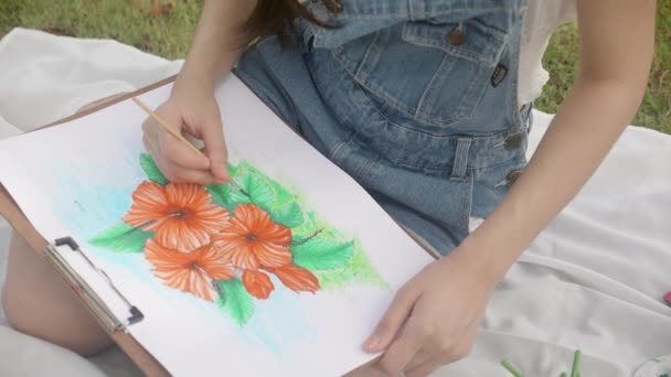 Closeup Hands Woman Sitting Drawing Picture Colorful Paint Brush While — Stockvideo