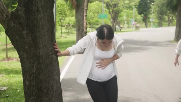 Jeune Asiatique Femme Enceinte Douleur Ventre Tandis Que Les Gens — Video