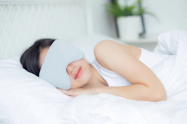 Beautiful Young Asian Woman Wearing Cover Eye Sleeping Bed Head — Stock Photo, Image