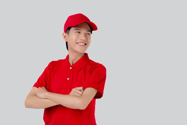Young Asian Man Uniform Red Cap Standing Arms Crossed Confident — 스톡 사진