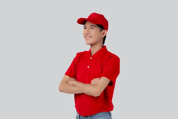Young Asian Man Uniform Red Cap Standing Arms Crossed Confident — Fotografia de Stock