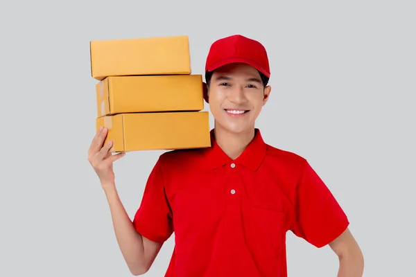 Young Asian Man Uniform Red Cap Standing Carrying Box Stack —  Fotos de Stock