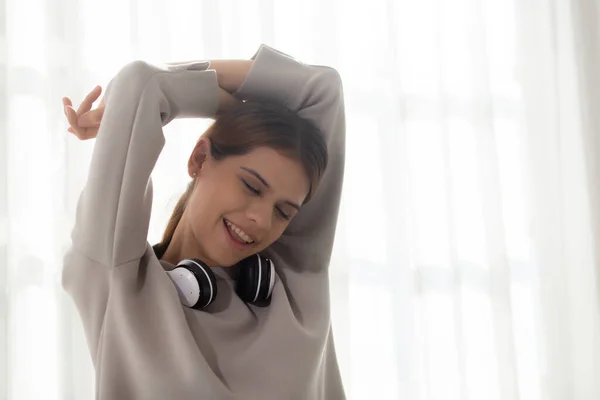 Beautiful Young Woman Waking Morning Stretching Sitting Bed Bedroom Home — Stock Photo, Image