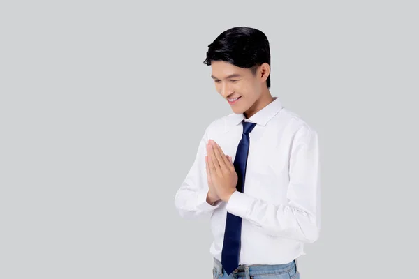 Happy Young Asian Businessman Pay Respect Hands Isolated White Background — Stockfoto