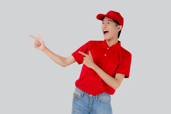 Young Asian Man Uniform Red Cap Standing Presenting Excited Isolated —  Fotos de Stock