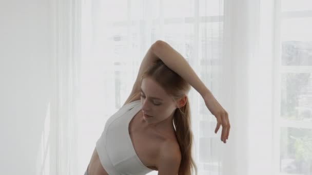 Beautiful Young Woman Workout Warmup Stretch Muscle Arm Hands Home — Video