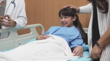 Doctor medical examination of children and talking with family at hospital or clinic, illness and checkup for health care and consultant, child patient and family with care, medical concept.