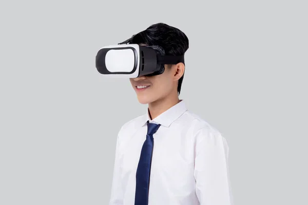 Experience Young Asian Businessman Wearing Headset Excited Isolated White Background — Stock Fotó