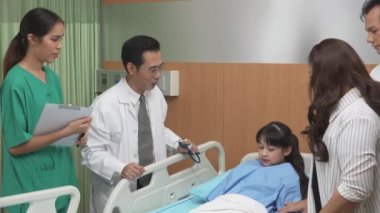 Doctor medical examination of children and talking with family at hospital or clinic, illness and checkup for health care and consultant, child patient and family with care, medical concept.