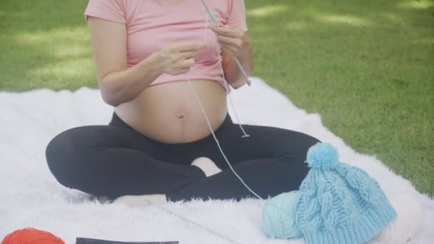 Happiness Young Asian Woman Pregnant Sitting Doing Knit Hat Relaxation — Wideo stockowe