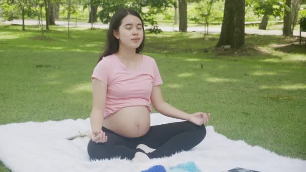 Happiness Young Asian Woman Pregnant Sitting Doing Yoga Meditation Lotus — 图库视频影像