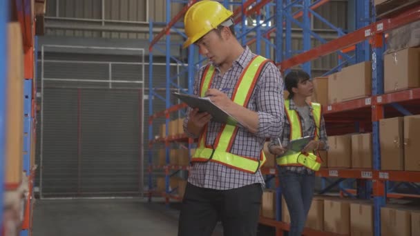 Young Man Woman Worker Check Stock Inspection Document Clipboard Warehouse — Video Stock
