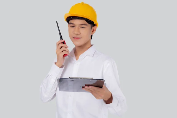 Portrait Young Asian Man Engineer Wearing Helmet Standing Using Radio — Fotografia de Stock