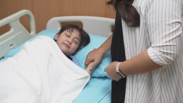 Family Father Mother Stroking Head Care Daughter While Sick Hospital — Stockvideo