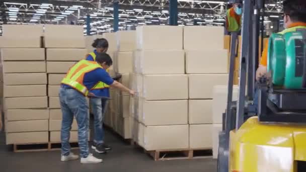 Group Worker Man Driving Forklift Lift Box Packaging Transportation Distribution — стоковое видео